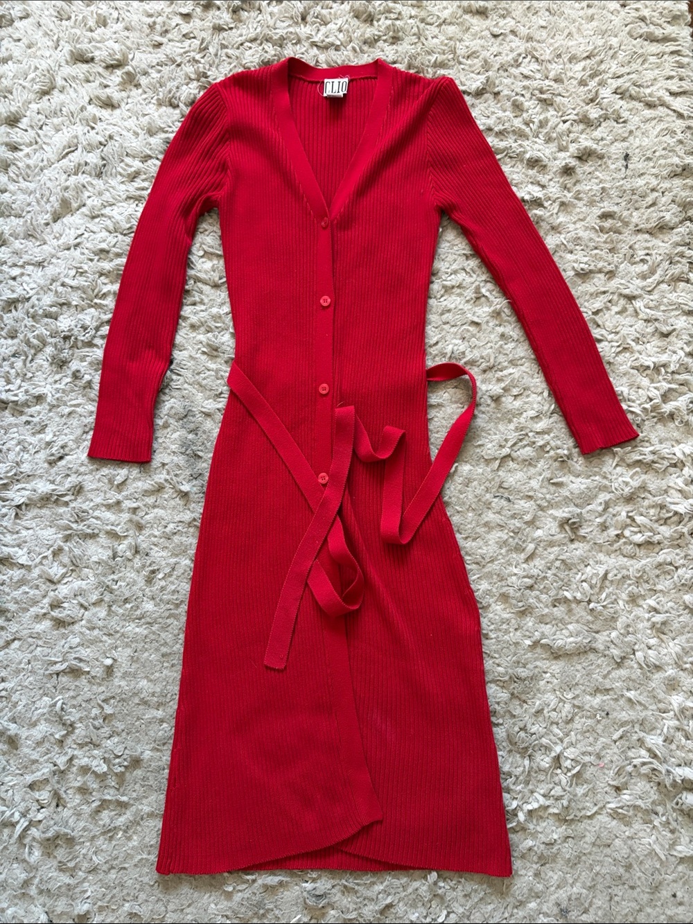 Clio Red Ribbed Button-Front Long-Sleeve Midi Dress with Self-Tie Belt